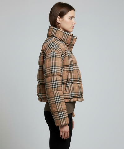 Women's Vintage-Inspired Plaid Puffer Jacket - 80% Duck Down, Weather-Resistant, Short Length - Image 3