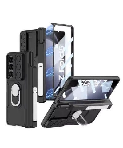 Samsung Z Fold 5 Full Cover Anti-Drop Flip Case with Front Glass, Stand & Pen Slot - Shockproof TPU Protection