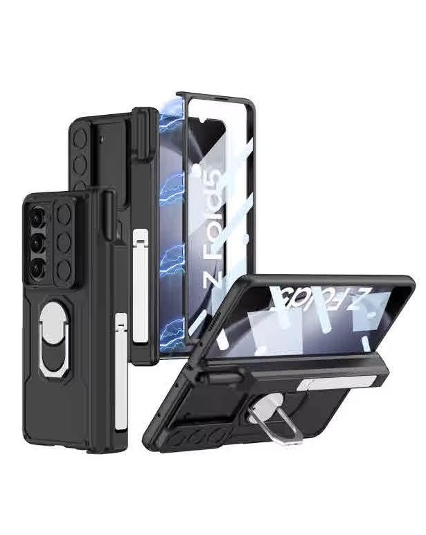 Samsung Z Fold 5 Full Cover Anti-Drop Flip Case with Front Glass, Stand & Pen Slot - Shockproof TPU Protection