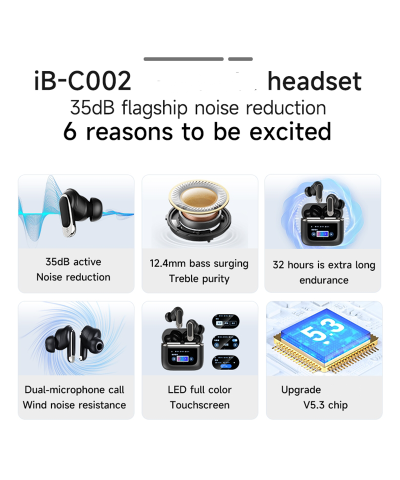 IB-C002 ANC True Wireless Earbuds with Smart Touch Screen & LED Display - JL Chipset Noise Cancelling Headphones