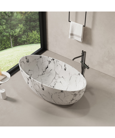 67" Freestanding Solid Surface Bathtub - Modern Oval Artificial Stone Soaking Tub - Image 4