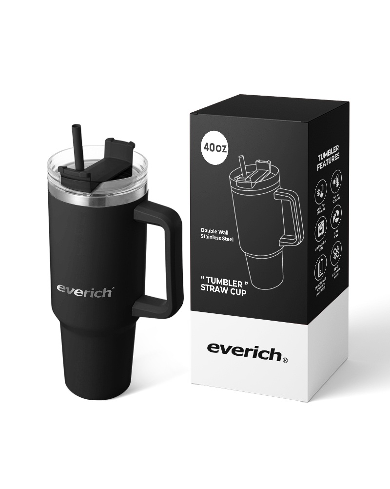 40oz Stainless Steel Tumbler with Handle & Straw - Insulated Black Travel Mug for Iced Coffee & Water