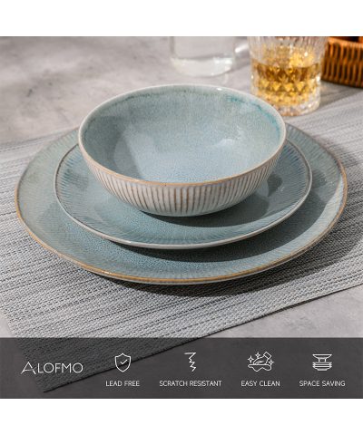 12-Piece Blossom Reactive Glaze Stoneware Dinnerware Set - Classic Dishwasher & Microwave Safe Plates & Bowls for 4 - Image 5