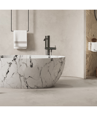 67" Freestanding Solid Surface Bathtub - Modern Oval Artificial Stone Soaking Tub - Image 3