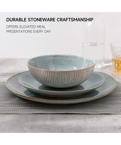 12-Piece Blossom Reactive Glaze Stoneware Dinnerware Set - Classic Dishwasher & Microwave Safe Plates & Bowls for 4 - Image 6