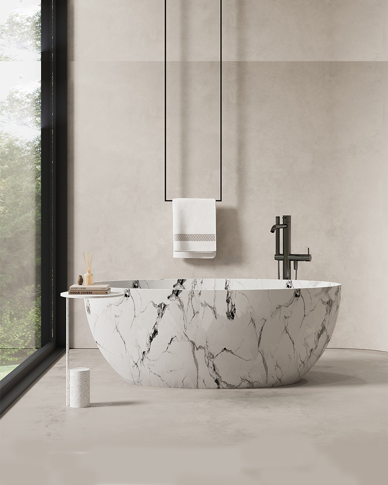 67" Freestanding Solid Surface Bathtub - Modern Oval Artificial Stone Soaking Tub