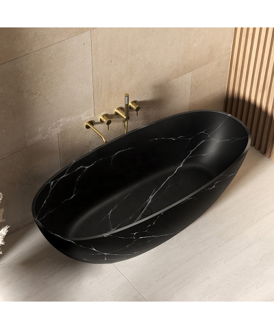 67" Freestanding Solid Surface Bathtub - Modern Oval Artificial Stone Soaking Tub - Image 5
