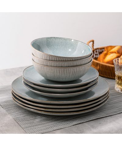 12-Piece Blossom Reactive Glaze Stoneware Dinnerware Set - Classic Dishwasher & Microwave Safe Plates & Bowls for 4 - Image 3