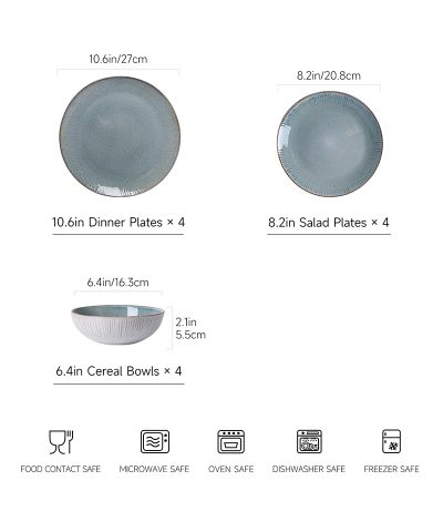 12-Piece Blossom Reactive Glaze Stoneware Dinnerware Set - Classic Dishwasher & Microwave Safe Plates & Bowls for 4 - Image 8