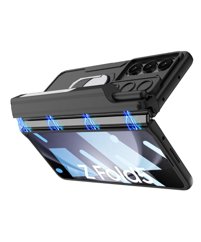 Samsung Z Fold 5 Full Cover Anti-Drop Flip Case with Front Glass, Stand & Pen Slot - Shockproof TPU Protection