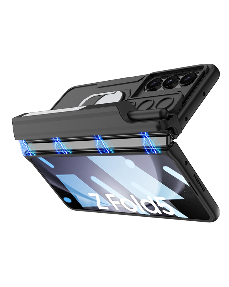 Samsung Z Fold 5 Full Cover Anti-Drop Flip Case with Front Glass, Stand & Pen Slot - Shockproof TPU Protection