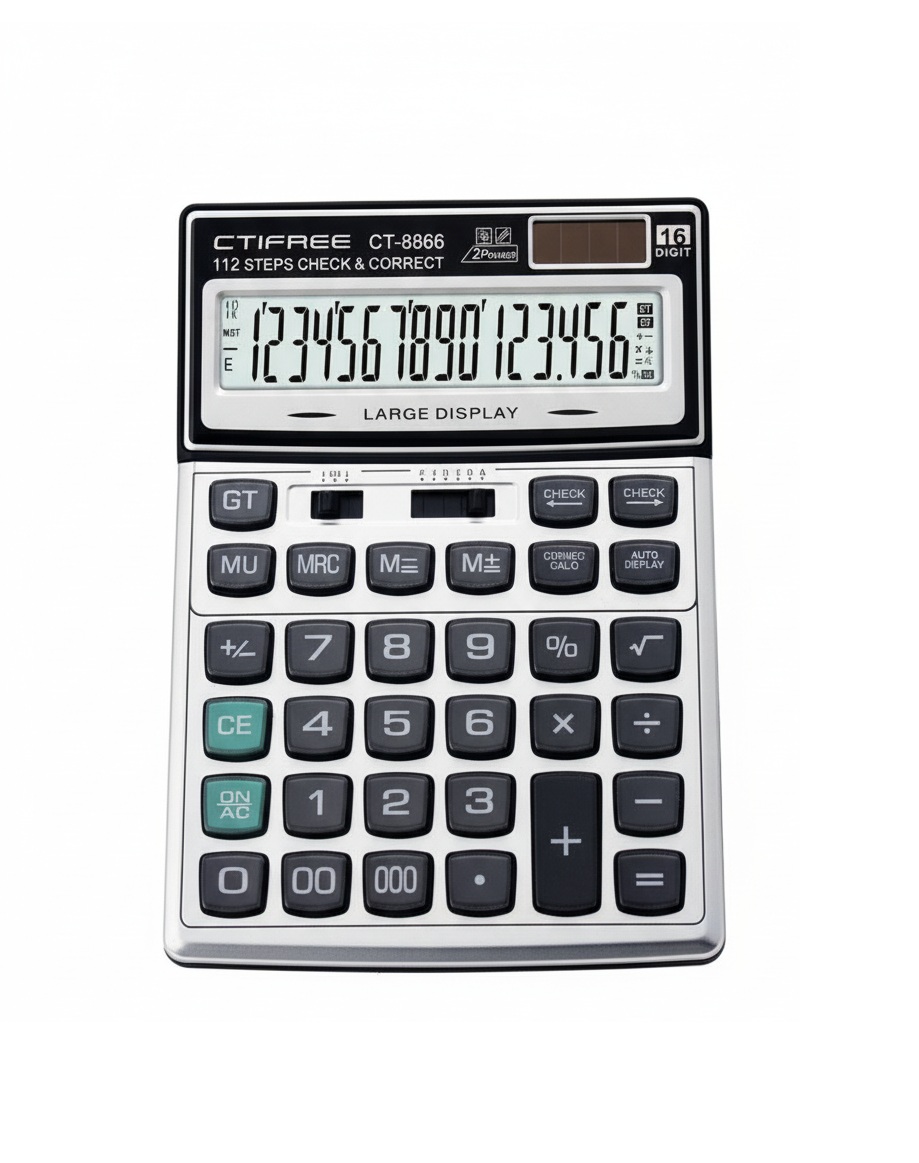 CTIFREE 16-Digit Desktop Calculator - Dual Power Solar & Battery for Office & Home