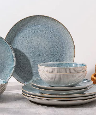 12-Piece Blossom Stoneware Bowl & Plate Set - Classic Reactive Glaze Dinnerware for Kitchen