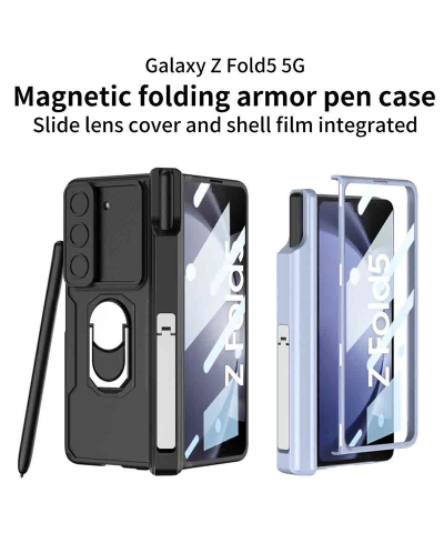 Samsung Z Fold 5 Full Cover Anti-Drop Flip Case with Front Glass, Stand & Pen Slot - Shockproof TPU Protection