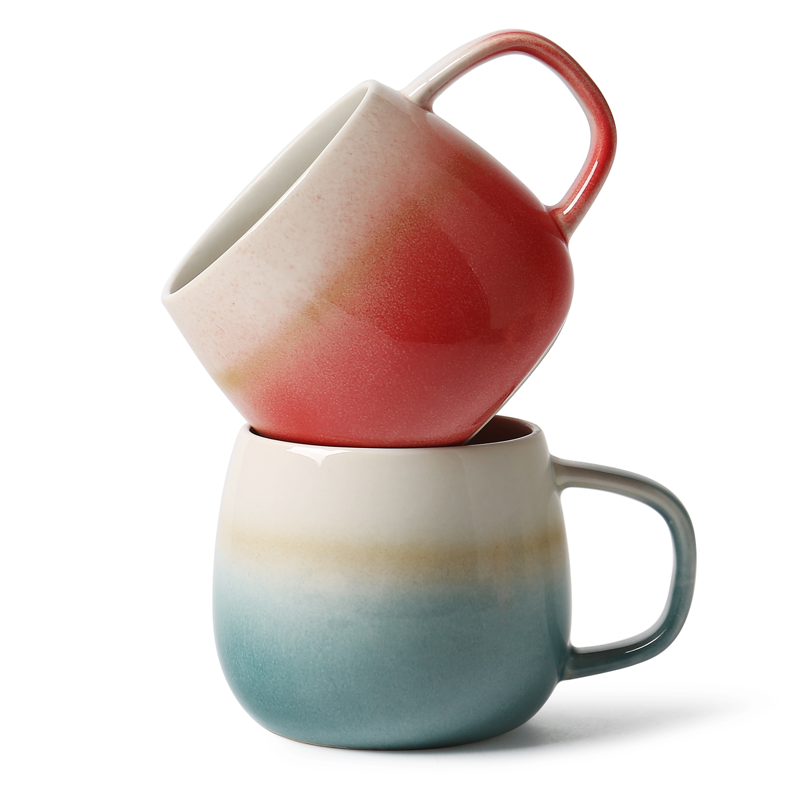 4-Piece 11-Ounce Stoneware Mug Set - Belly Shape, Two-Tone Design - Dishwasher & Microwave Safe