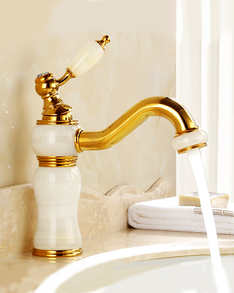 Alternative view of Classic Luxury Brass Bathroom Faucet - Titanium Gold Wall-Mounted with Cyan Jade Handle
