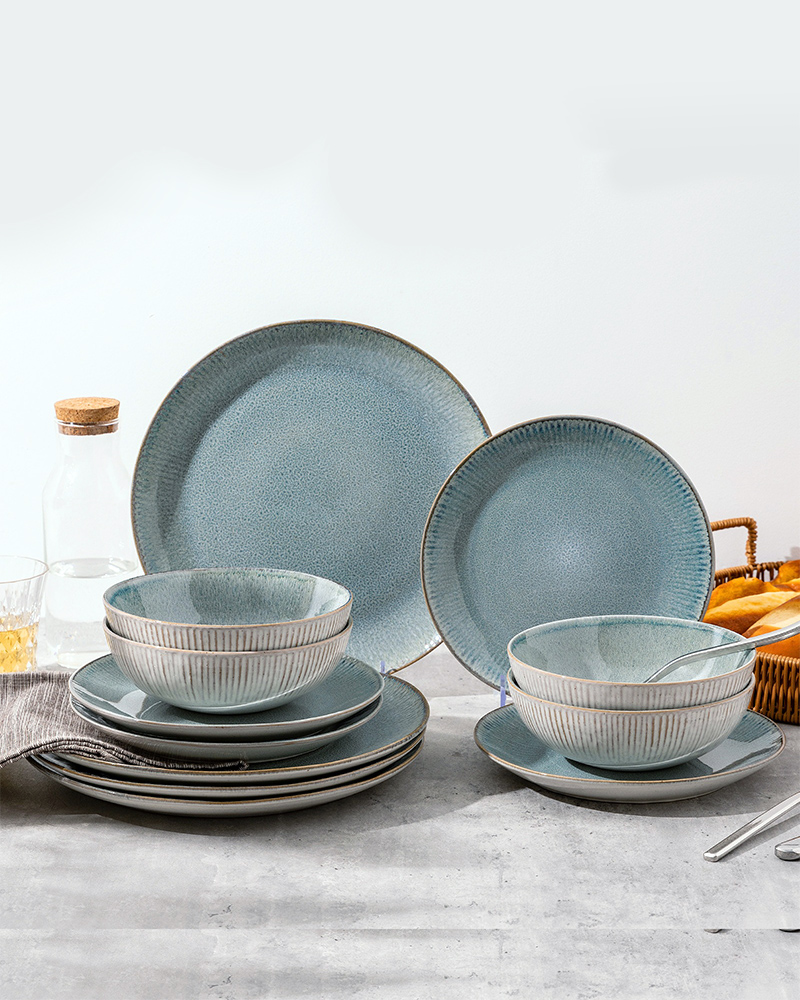 12-Piece Blossom Reactive Glaze Stoneware Dinnerware Set - Classic Dishwasher & Microwave Safe Plates & Bowls for 4