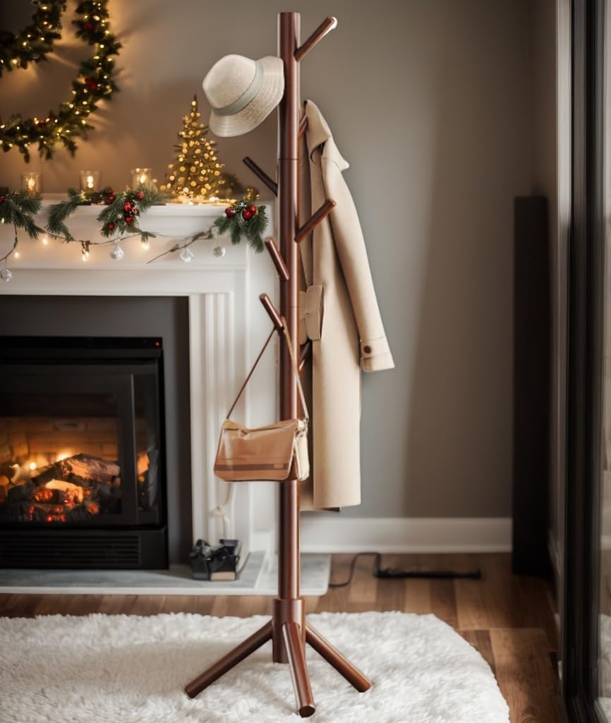 Alternative view of Sturdy Wooden Coat Tree with 8 Hooks, 3 Adjustable Sizes for Clothes, Hat Stand Used in Bedroom/Office/Entryway,