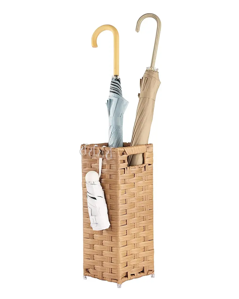 Hand Woven Rattan Umbrella Stand with Drip Tray & Hooks - Natural Entryway Organizer