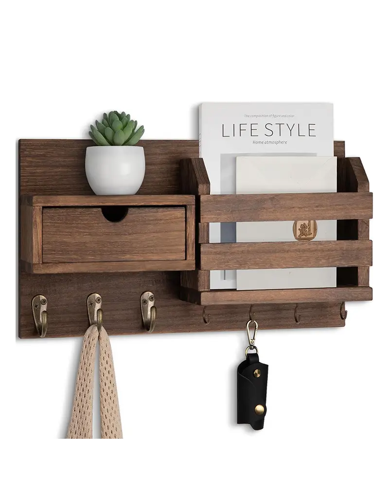 Wall Mount Key Holder with Mail Organizer, 100% Paulownia Wood, 7 Metal Hooks, Storage Drawer, Entryway Home Decor