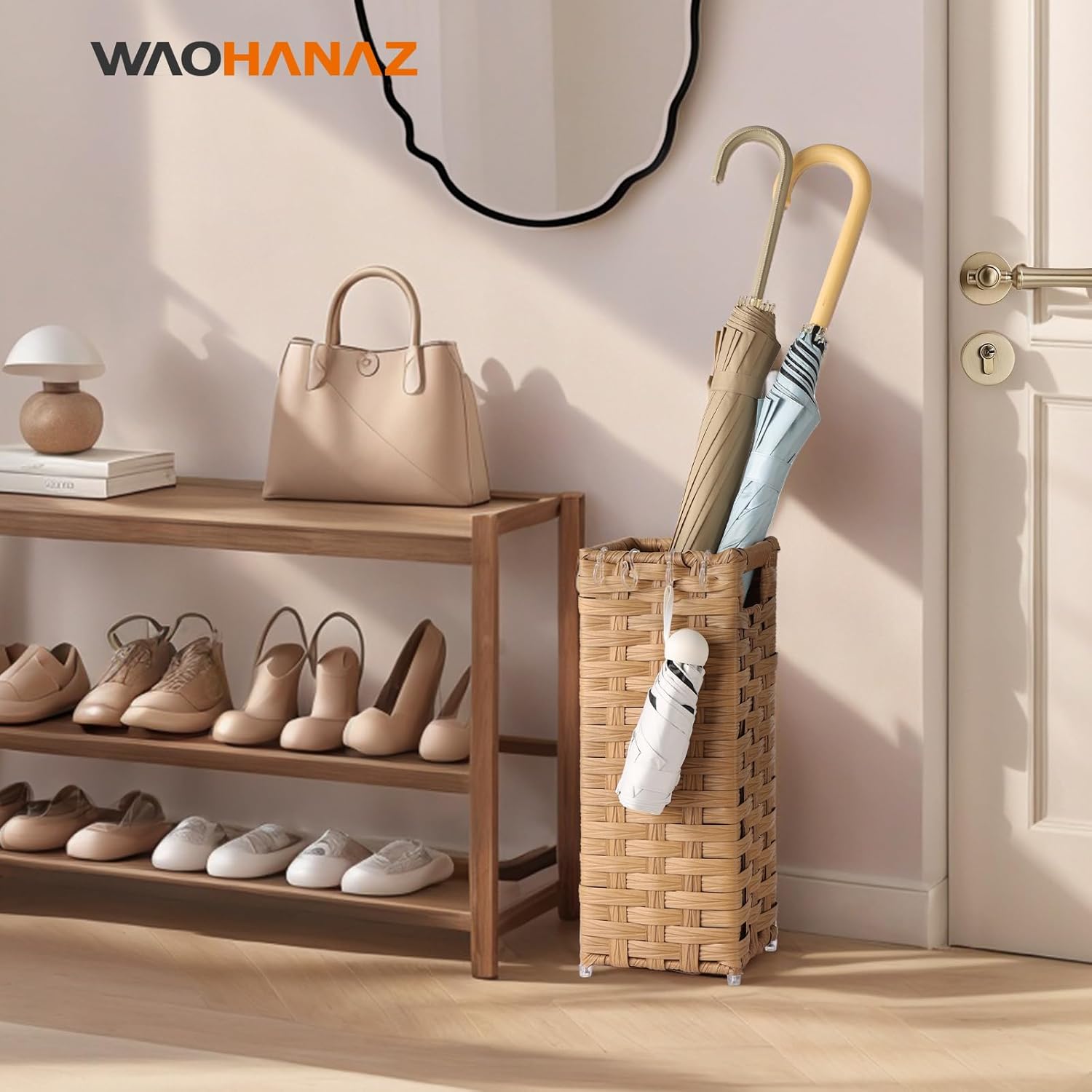 Alternative view of Hand Woven Rattan Umbrella Stand with Drip Tray & Hooks - Natural Entryway Organizer