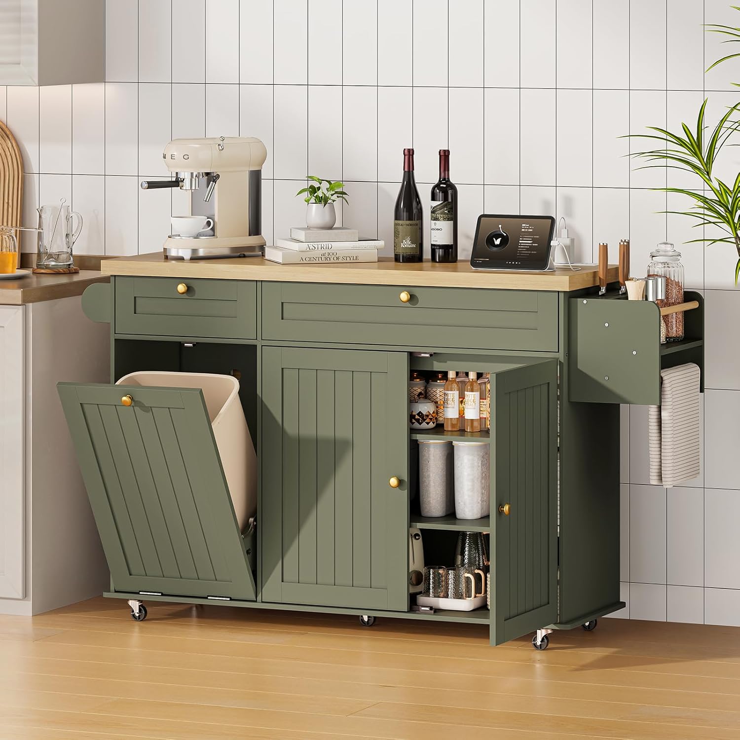 Alternative view of 60" Mobile Kitchen Island: Power Outlet, Drop Leaf, Storage & Wheels