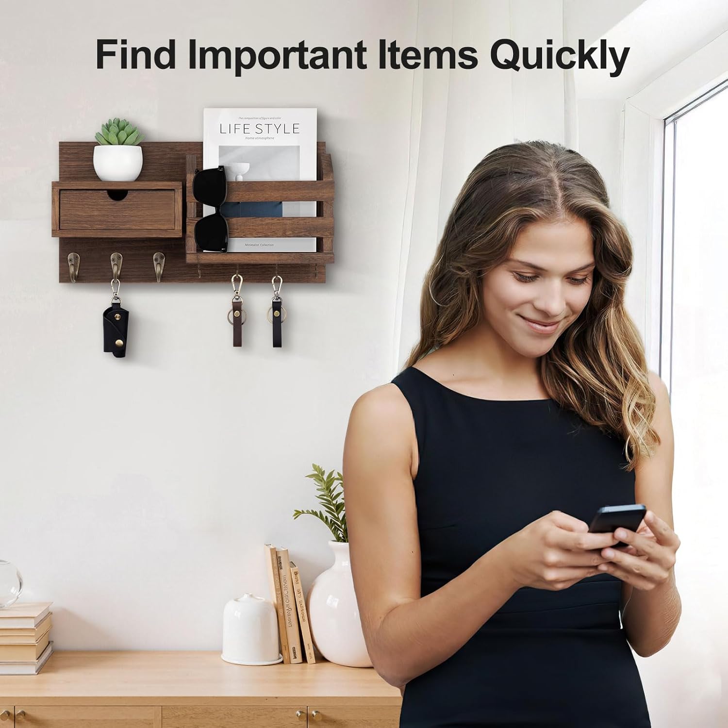 Alternative view of Wall Mount Key Holder with Mail Organizer, 100% Paulownia Wood, 7 Metal Hooks, Storage Drawer, Entryway Home Decor