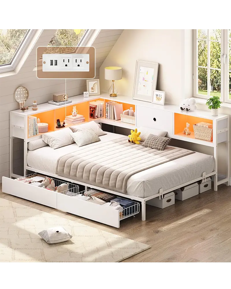 Alternative view of Corner Kids Bed Frame: Storage, Bookcase, Charging & LED Lights.