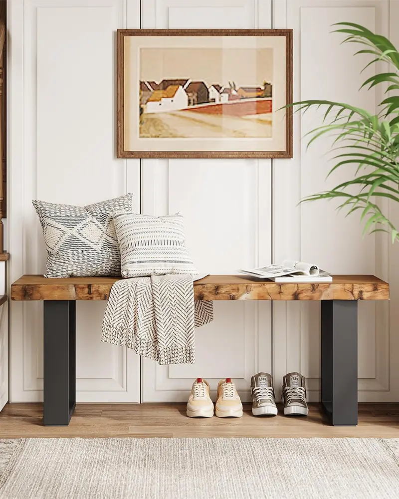 47" Solid Wood Entryway Bench, Industrial Wooden Shoe Bench with Metal Legs, Narrow Long End of Bed Bench for Bedroom, Living Room, Small Space, Easy Assembly