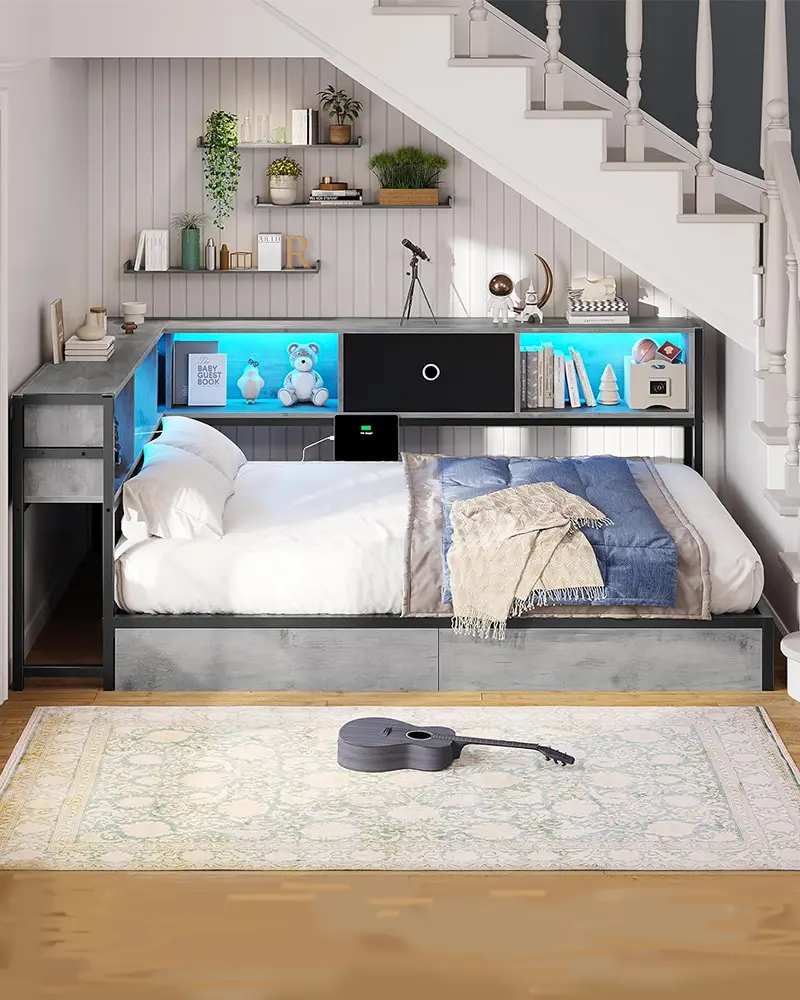 Corner Kids Bed Frame: Storage, Bookcase, Charging & LED Lights.