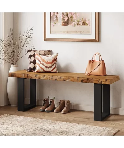 47" Solid Wood Entryway Bench, Industrial Wooden Shoe Bench with Metal Legs, Narrow Long End of Bed Bench for Bedroom, Living Room, Small Space, Easy Assembly - Image 4